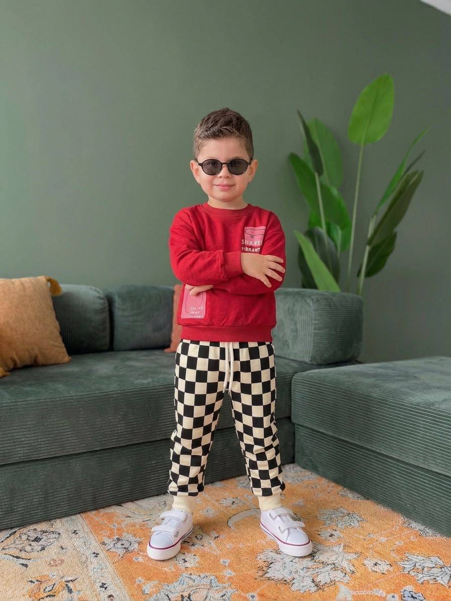 Dama Desenli Erkek Çocuk Sweatshirt & Eşofman Takımı